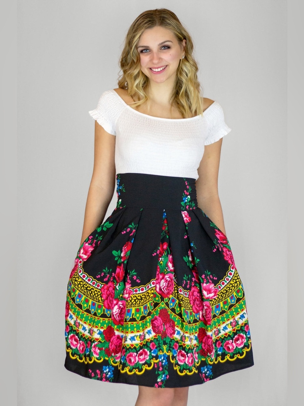 Vintage Floral Print Black Multicolor Pleated A Line Folk Bohemian Skirt Medium